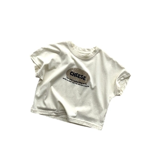 Minimalist cream cotton kids short sleeve T-shirt with CHEESE print in loose fit