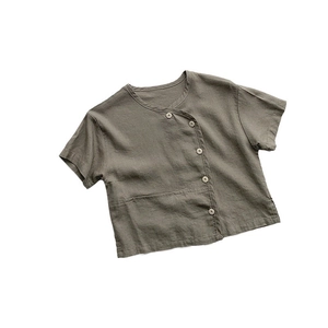 Japanese style kids cotton linen short sleeve shirt with diagonal buttons and round neck