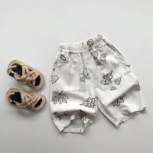 Kids Summer Cotton Linen Capri Pants Natural Botanical Print Casual Loose Elastic Waist Trousers For Boys Girls