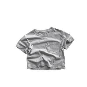 Classic grey cotton short-sleeve kids T-shirt with chest pocket and round neck