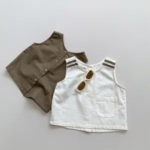 Minimalist linen cotton kids vest in olive green and cream colors for boys and girls