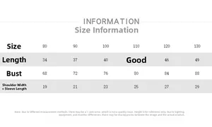 Size chart for thin cotton shirt with length and bust measurements for kids 80 to 130