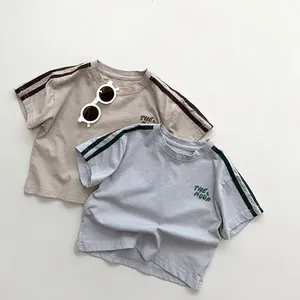 Korean Style Kids Short Sleeve Cotton T-Shirt Letter Print Contrast Stripe Crew Neck Casual Summer Top For Boys Girls