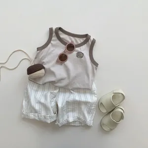 Kids lightweight summer vest and striped shorts set with vintage embroidered badge