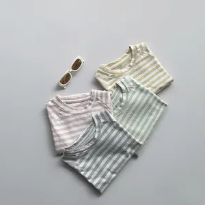 T-shirts rayés en coton pour enfants aux couleurs macaron rose, vert, jaune et gris
