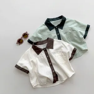 Kids Cotton Short Sleeve Shirt Contrast Color Lapel Button Down Casual Summer Top For Boys Girls School Daily Comfort Tops