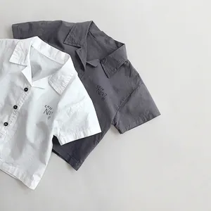 Kids Short Sleeve Cotton Shirt Korean Style Cafe No.27 Turn-down Collar Button Down Top For Boys And Girls Casual Wear