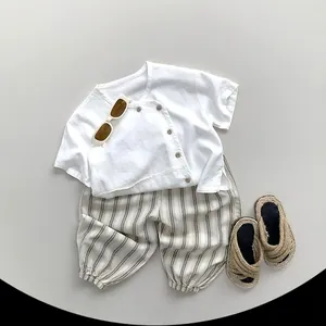 Kids cotton linen summer set with white shirt and grey striped bloomers for boys and girls