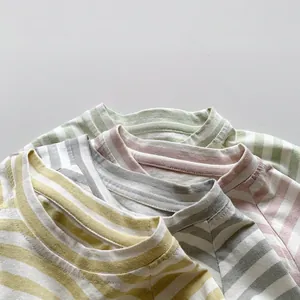 T-shirts rayés à manches courtes macaron pour enfants en coton et lin doux