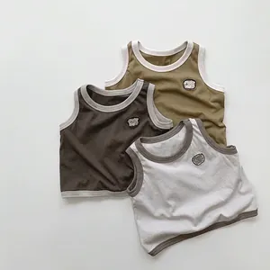 Gilet en Coton Tricoté pour Enfants T-Shirt Sans Manches d'Été Bordure Contrastée Patch de Lettre Col Rond Haut de Style Coréen pour Garçons et Filles