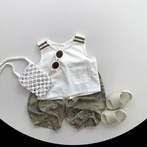 Kids linen cotton summer set with white vest and tropical palm leaf shorts