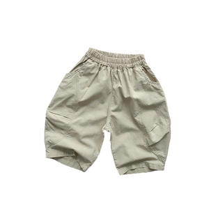 Pantalon large léger en coton lin kaki clair pour enfants avec taille élastique et poches