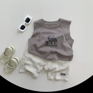 Kids summer two-piece set with dark grey sleeveless tank top and white seersucker shorts