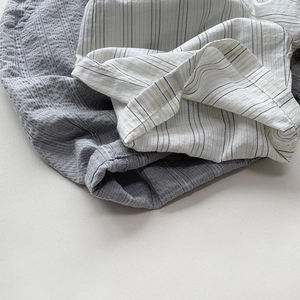 Kids thin vertical striped cropped pants in grey and cream breathable linen fabric