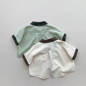 Kids color-block short sleeve cotton linen shirts in light green and cream white