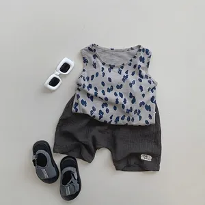 Kids summer cotton set with grey leopard vest and textured dark shorts for toddlers