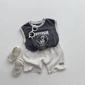 Summer cotton tank top and waffle knit shorts set with Freedom print for kids