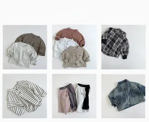 Collage of kids casual vintage denim jackets, striped shirts and loose cotton trousers