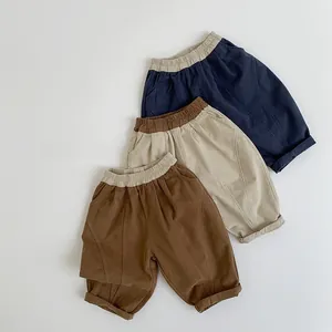 Lot de 3 pantalons en lin pour enfants en bleu marine, beige et marron avec taille élastique