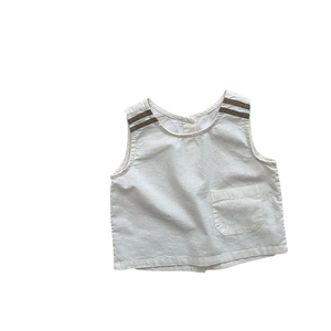 Minimalist Japanese style linen children's vest in cream with stripes and pocket detail