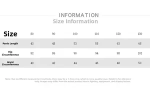 Size guide table for children's denim pants showing length, hip, and waist measurements