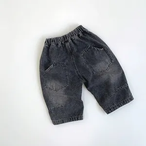 Kids Korean Style Washed Denim Jeans Elastic Waist Retro Casual Trousers For Boys Girls Comfortable Cotton Denim Pants