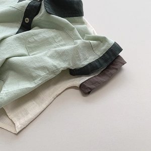 Kids colorblock short-sleeve shirts in mint green and cream white with cotton linen texture