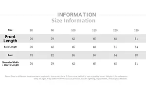 Size chart for kids' outdoor work shirt showing length, chest, and sleeve measurements