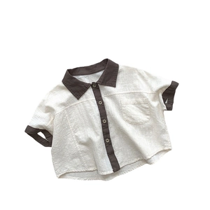 Kids color-block short sleeve shirt in cream with dark brown piping and chest pocket