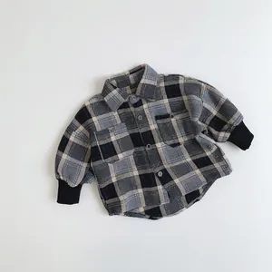 Veste Chemise à Carreaux pour Enfants de Style Coréen en Coton Flanelle Épaissie à Manches Longues avec Poignets Nervurés