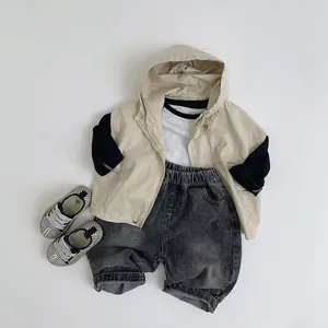 Toddler casual three-piece set with beige hooded jacket and washed denim shorts