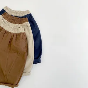 Pantalon décontracté enfant en coton lin bleu marine, beige et marron avec taille élastique