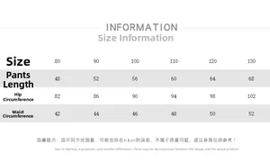 Size chart for kids cargo pants showing length, hip, and waist measurements from 80 to 130