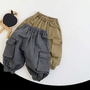Kids Cotton Cargo Pants Boys Girls Casual Loose Elastic Waist Trousers Outdoor Multi Pocket Autumn Workwear Fashion Pants