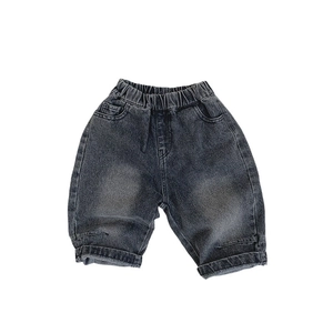 Retro dark grey washed denim shorts for kids with elastic waist and cuffed hem styling