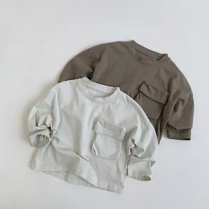 T-shirt à Manches Longues en Coton pour Tout-petits Enfants Décontracté Col Rond Poche Cargo Haut Garçons Filles Automne Uni