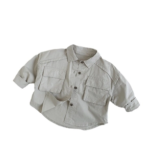 Minimalist kids khaki cotton workwear shirt jacket with front utility pockets