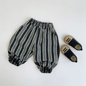 Pantalon Décontracté pour Enfants en Coton à Rayures Verticales Automne Style Coréen Unisexe Bébé Taille Élastique Pantalon Long Doux