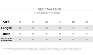 Detailed size chart for kids retro jacket showing length and chest measurements for sizes 80-130