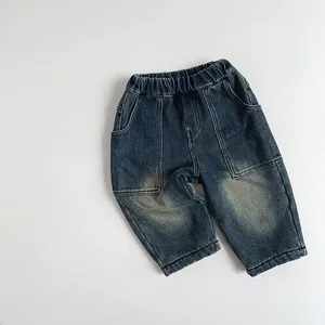 Pantalon en Denim Doublé de Polaire d'Hiver pour Enfants Style Coréen Jean Délavé Épais Chaud pour Garçons Filles Casual Outdoor Gris Bleu
