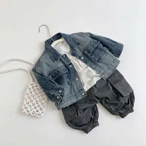 Three-piece boys denim jacket, white t-shirt and grey cargo pants outfit set