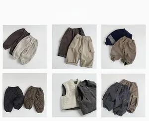 Flat lay grid showing quilted thermal vests and cargo pants for children in neutral tones
