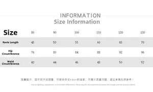 Detailed size chart for kids winter cargo pants showing length, hip and waist measurements
