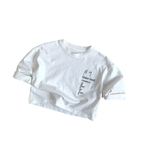 Kids minimalist white long-sleeve T-shirt featuring black letter print and loose fit