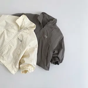 Kids Casual Zip Up Jacket Stand Collar Windproof Cotton Blend Outerwear For Toddler Boys Girls Autumn Korean Fashion Top