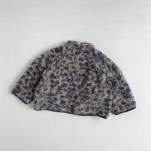 Winter kids leopard faux fur jacket with warm stand collar in blue and grey mixed tones