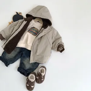 Winter outfit set for kids with reversible hooded jacket, burger sweatshirt and jeans