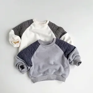 Kids Fleece Sweatshirt Contrast Color Quilted Long Sleeve Pullover Warm Winter Casual Top For Boys Girls Toddler