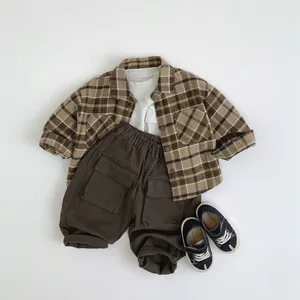 Kids vintage plaid shirt with white t-shirt and dark brown cargo pants set