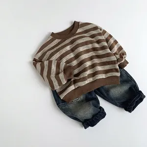Winter striped long sleeve sweatshirt and warm fleece denim pants for kids in deep blue